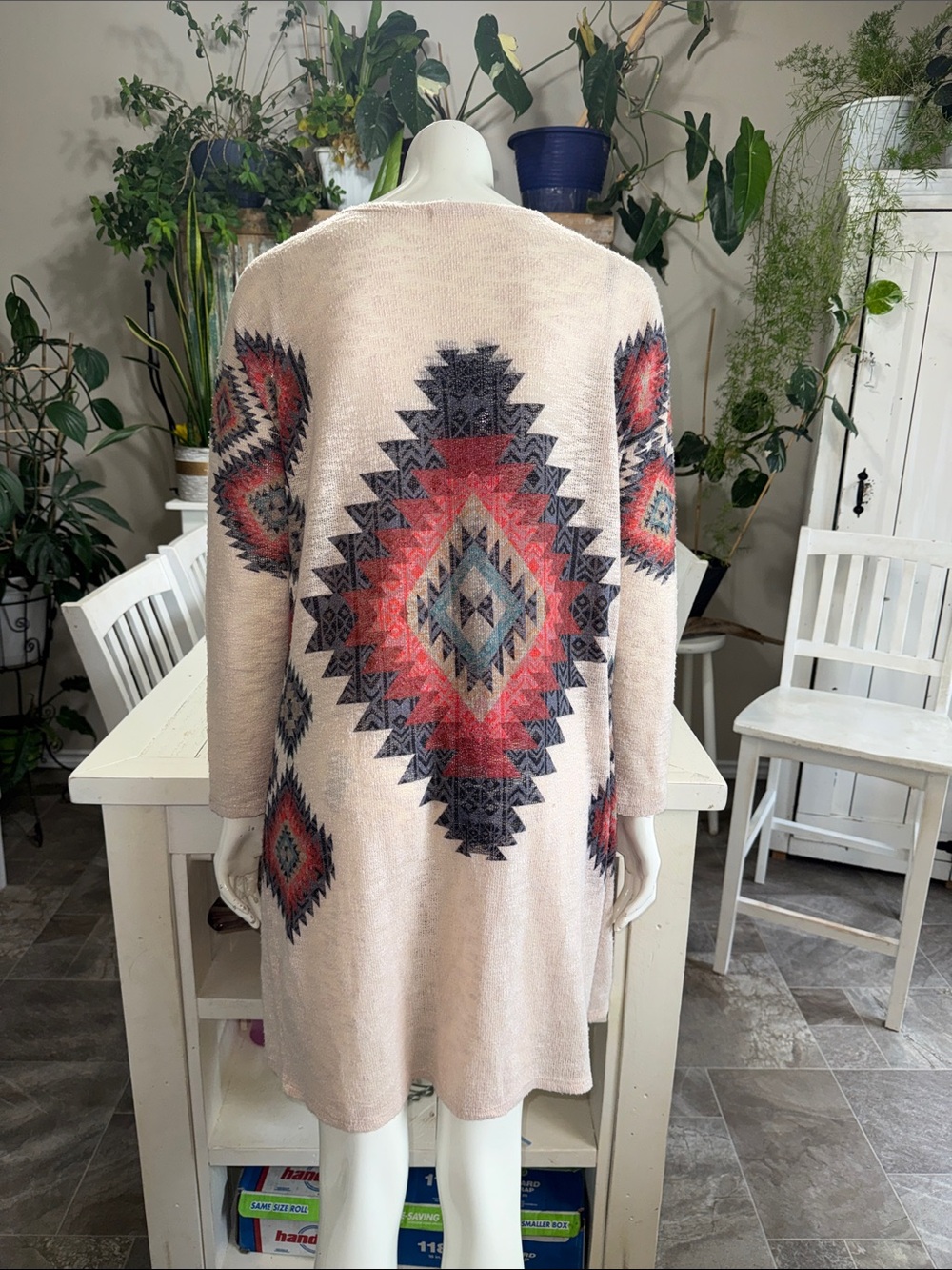 Ginger G Cozy Aztec Print Open Cardigan - Cream Blue Red & Tan Lg